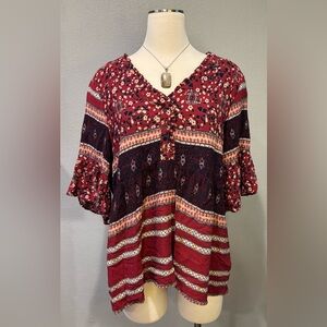 Knox Rose Burgundy and Black Patterned Blouse